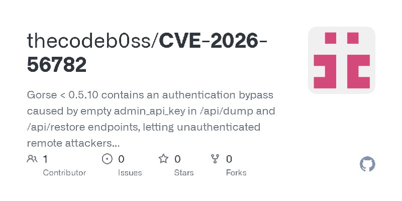 GitHub - thecodeb0ss/CVE-2026-56782: Gorse < 0.5.10 contains an authentication bypass caused by empty admin_api_key in /api/dump…