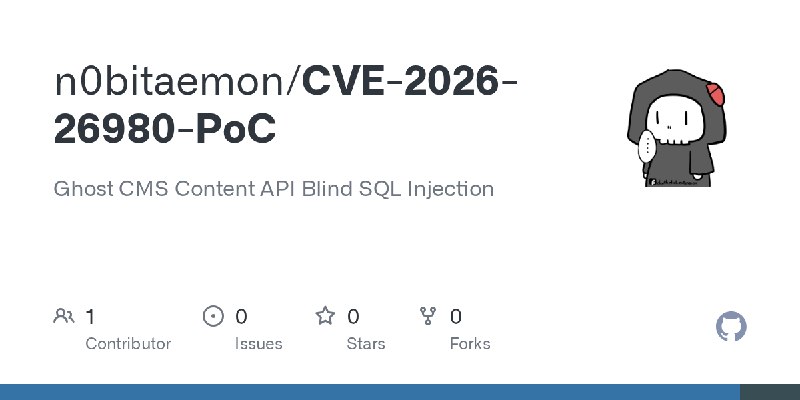 GitHub - n0bitaemon/CVE-2026-26980-PoC: Ghost CMS Content API Blind SQL Injection