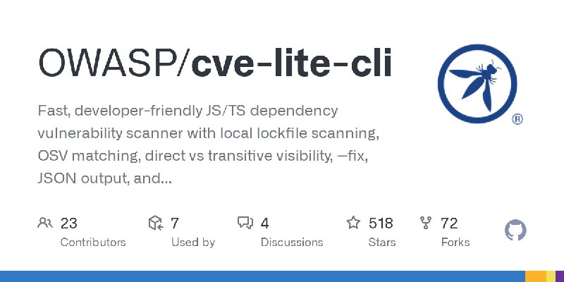 GitHub - OWASP/cve-lite-cli: Fast, developer-friendly JS/TS dependency vulnerability scanner with local lockfile scanning, OSV…