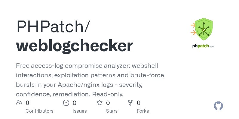 GitHub - PHPatch/weblogchecker: Free access-log compromise analyzer: webshell interactions, exploitation patterns and brute-force…