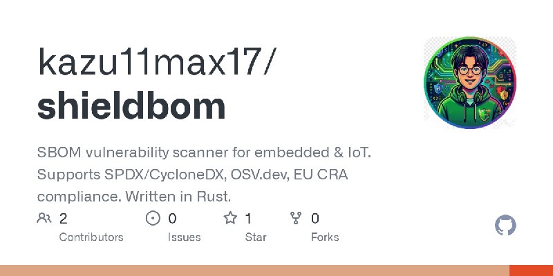 GitHub - kazu11max17/shieldbom: SBOM vulnerability scanner for embedded & IoT. Supports SPDX/CycloneDX, OSV.dev, EU CRA compliance.…