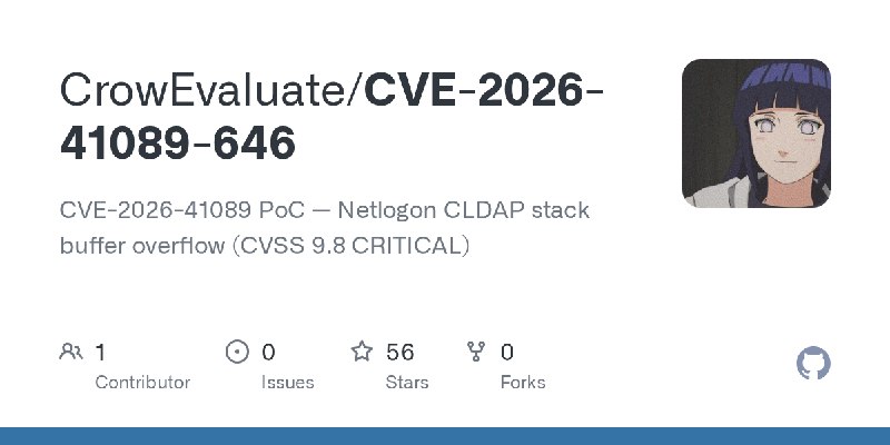 GitHub - CrowEvaluate/CVE-2026-41089-646: CVE-2026-41089 PoC — Netlogon CLDAP stack buffer overflow (CVSS 9.8 CRITICAL)