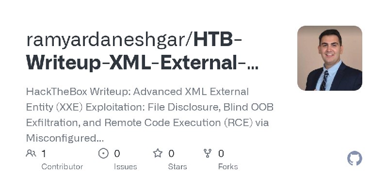 GitHub - ramyardaneshgar/HTB-Writeup-XML-External-Entity-XXE-Exploitation: HackTheBox Writeup: Advanced XML External Entity (XXE)…