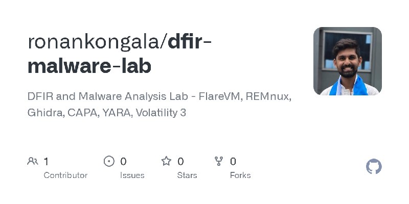 GitHub - ronankongala/dfir-malware-lab: DFIR and Malware Analysis Lab - FlareVM, REMnux, Ghidra, CAPA, YARA, Volatility 3