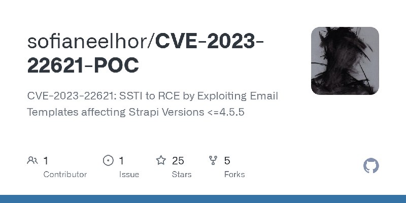 GitHub - sofianeelhor/CVE-2023-22621-POC: CVE-2023-22621: SSTI to RCE by Exploiting Email Templates affecting Strapi Versions <=4.5.5