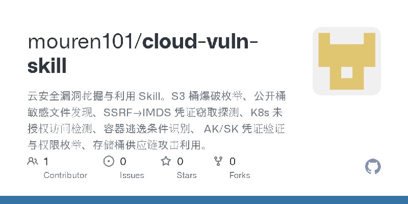 GitHub - mouren101/cloud-vuln-skill: 云安全漏洞挖掘与利用 Skill。S3 桶爆破枚举、公开桶敏感文件发现、SSRF→IMDS 凭证窃取探测、K8s 未授权访问检测、容器逃逸条件识别、 AK/SK 凭证验证与权限枚举、存储桶供应链攻击利用。