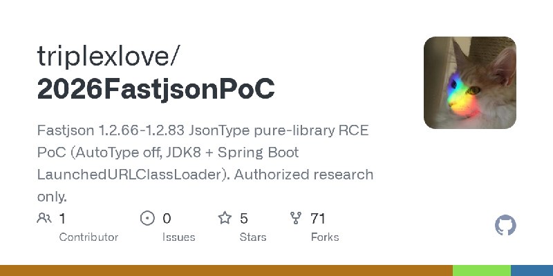 GitHub - triplexlove/2026FastjsonPoC: Fastjson 1.2.66-1.2.83 JsonType pure-library RCE PoC (AutoType off, JDK8 + Spring Boot L…