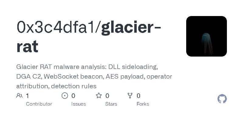 GitHub - 0x3c4dfa1/glacier-rat: Glacier RAT malware analysis: DLL sideloading, DGA C2, WebSocket beacon, AES payload, operator…