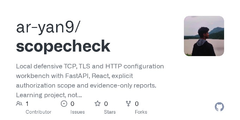 GitHub - ar-yan9/scopecheck: Local defensive TCP, TLS and HTTP configuration workbench with FastAPI, React, explicit authorization…