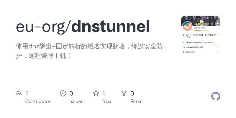 GitHub - eu-org/dnstunnel: 使用dns隧道+固定解析的域名实现翻墙，绕过安全防护，远程管理主机！