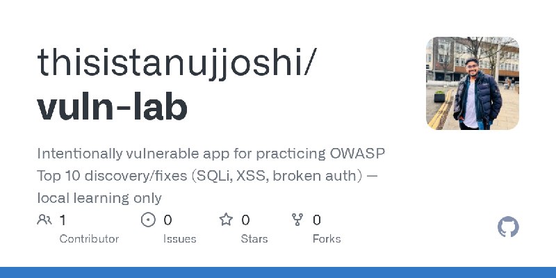GitHub - thisistanujjoshi/vuln-lab: Intentionally vulnerable app for practicing OWASP Top 10 discovery/fixes (SQLi, XSS, broken…