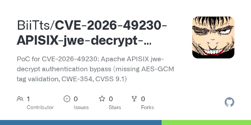 GitHub - BiiTts/CVE-2026-49230-APISIX-jwe-decrypt-Auth-Bypass: PoC for CVE-2026-49230: Apache APISIX jwe-decrypt authentication…