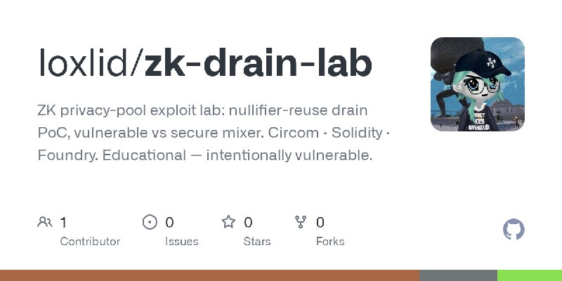 GitHub - loxlid/zk-drain-lab: ZK privacy-pool exploit lab: nullifier-reuse drain PoC, vulnerable vs secure mixer. Circom · Solidity…