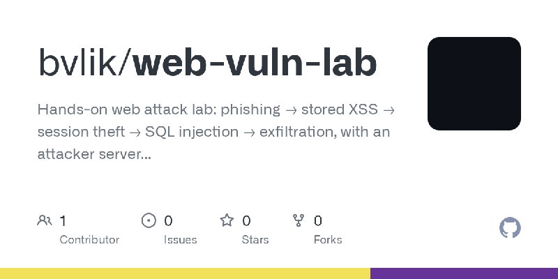 GitHub - bvlik/web-vuln-lab: Hands-on web attack lab: phishing → stored XSS → session theft → SQL injection → exfiltration, with…