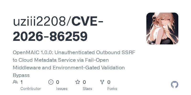 GitHub - uziii2208/CVE-2026-86259: OpenMAIC 1.0.0: Unauthenticated Outbound SSRF to Cloud Metadata Service via Fail-Open Middleware…