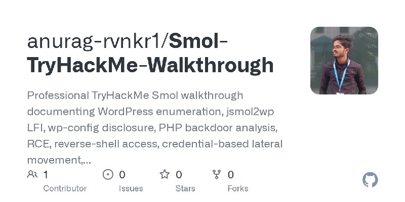GitHub - anurag-rvnkr1/Smol-TryHackMe-Walkthrough: Professional TryHackMe Smol walkthrough documenting WordPress enumeration, jsmol2wp…