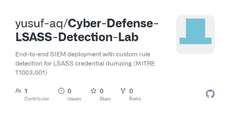 GitHub - yusuf-aq/Cyber-Defense-LSASS-Detection-Lab: End-to-end SIEM deployment with custom rule detection for LSASS credential…