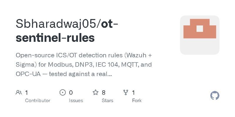 GitHub - Sbharadwaj05/ot-sentinel-rules: Open-source ICS/OT detection rules (Wazuh + Sigma) for Modbus, DNP3, IEC 104, MQTT, and…