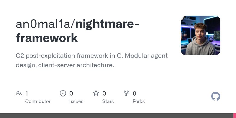 GitHub - an0mal1a/nightmare-framework: C2 post-exploitation framework in C. Modular agent design, client-server architecture.