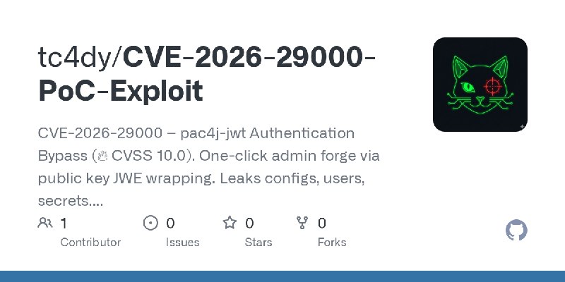 GitHub - tc4dy/CVE-2026-29000-PoC-Exploit: CVE-2026-29000 – pac4j-jwt Authentication Bypass (🔥 CVSS 10.0). One-click admin forge…
