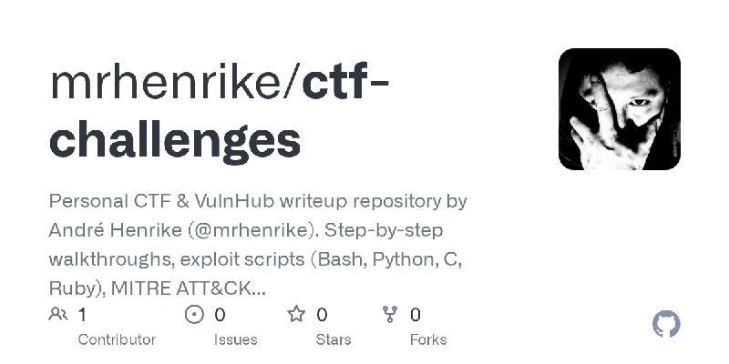 GitHub - mrhenrike/ctf-challenges: Personal CTF & VulnHub writeup repository by André Henrike (@mrhenrike). Step-by-step walkthroughs…