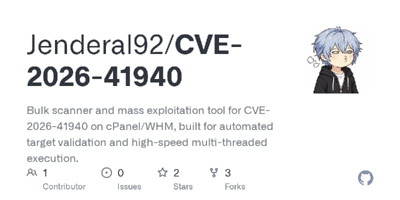 GitHub - Jenderal92/CVE-2026-41940: Bulk scanner and mass exploitation tool for CVE-2026-41940 on cPanel/WHM, built for automated…