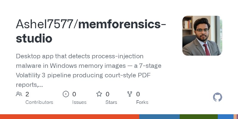 GitHub - Ashel7577/memforensics-studio: Desktop app that detects process-injection malware in Windows memory images — a 7-stage…