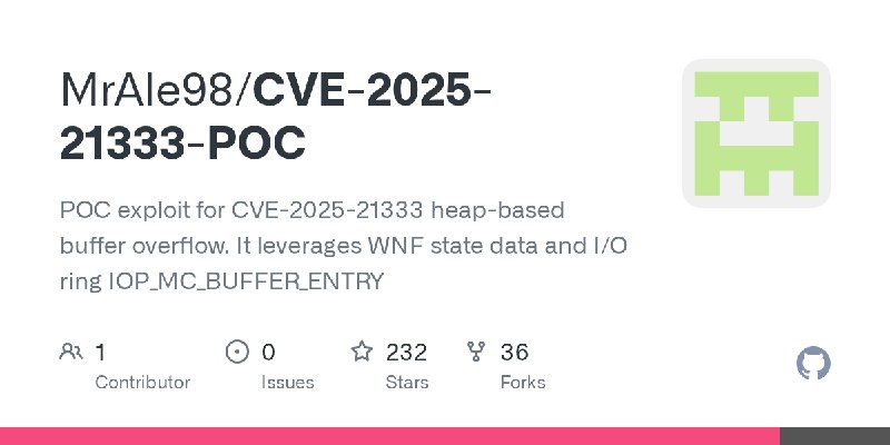GitHub - MrAle98/CVE-2025-21333-POC: POC exploit for CVE-2025-21333 heap-based buffer overflow. It leverages WNF state data and…