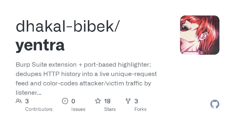 GitHub - dhakal-bibek/yentra: Burp Suite extension + port-based highlighter: dedupes HTTP history into a live unique-request feed…