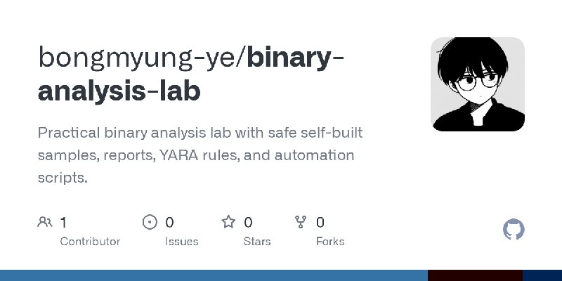 GitHub - bongmyung-ye/binary-analysis-lab: Practical binary analysis lab with safe self-built samples, reports, YARA rules, and…