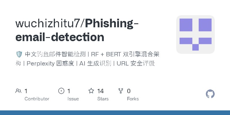 GitHub - wuchizhitu7/Phishing-email-detection: 🛡️ 中文钓鱼邮件智能检测 | RF + BERT 双引擎混合架构 | Perplexity 困惑度 | AI 生成识别 | URL 安全评级