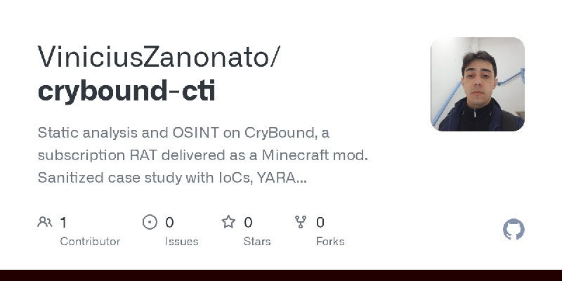GitHub - ViniciusZanonato/crybound-cti: Static analysis and OSINT on CryBound, a subscription RAT delivered as a Minecraft mod.…