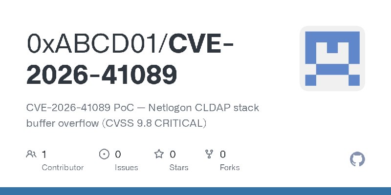 GitHub - 0xABCD01/CVE-2026-41089: CVE-2026-41089 PoC — Netlogon CLDAP stack buffer overflow (CVSS 9.8 CRITICAL)