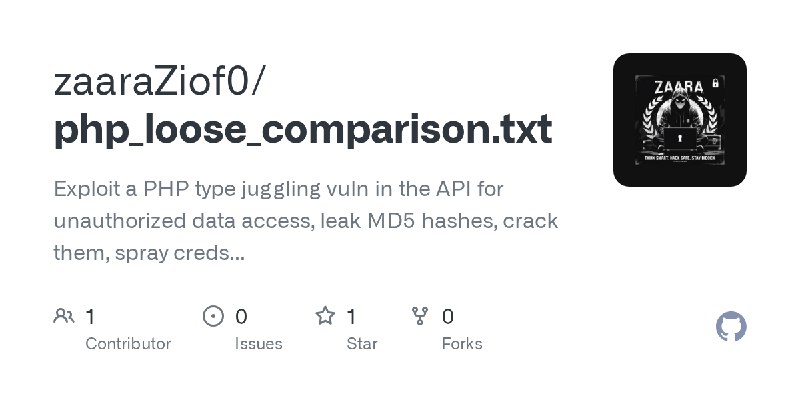 GitHub - zaaraZiof0/php_loose_comparison.txt: Exploit a PHP type juggling vuln in the API for unauthorized data access, leak MD5…