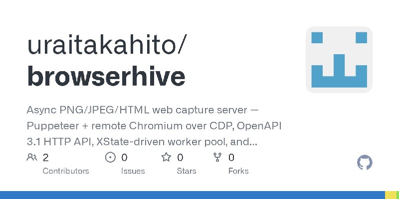 GitHub - uraitakahito/browserhive: Async PNG/JPEG/HTML web capture server — Puppeteer + remote Chromium over CDP, OpenAPI 3.1 HTTP…