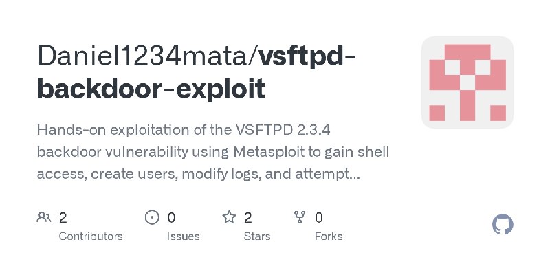 GitHub - Daniel1234mata/vsftpd-backdoor-exploit: Hands-on exploitation of the VSFTPD 2.3.4 backdoor vulnerability using Metasploit…