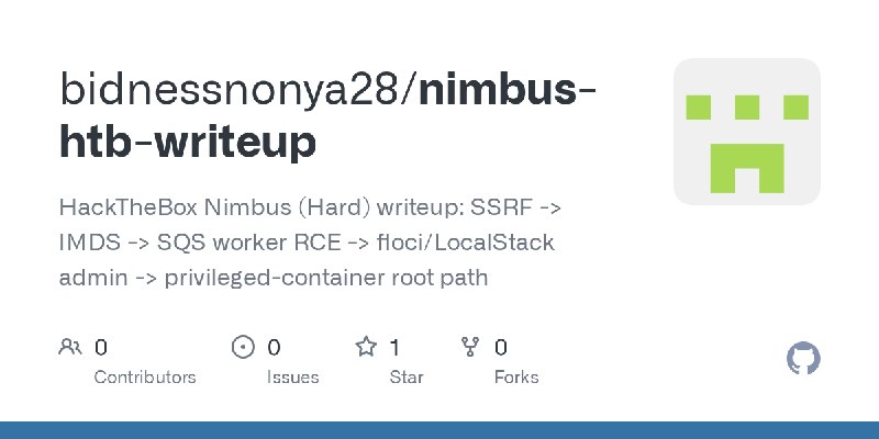 GitHub - bidnessnonya28/nimbus-htb-writeup: HackTheBox Nimbus (Hard) writeup: SSRF -> IMDS -> SQS worker RCE -> floci/LocalStack…