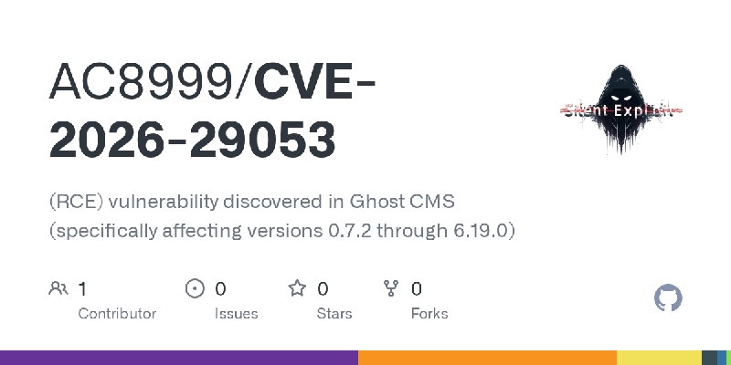GitHub - AC8999/CVE-2026-29053: (RCE) vulnerability discovered in Ghost CMS (specifically affecting versions 0.7.2 through 6.19.0)