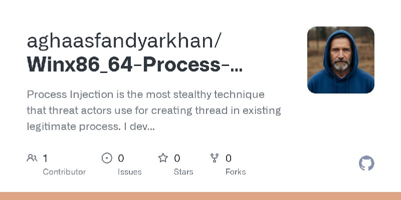 GitHub - aghaasfandyarkhan/Winx86_64-Process-Injection: Process Injection is the most stealthy technique that threat actors use…