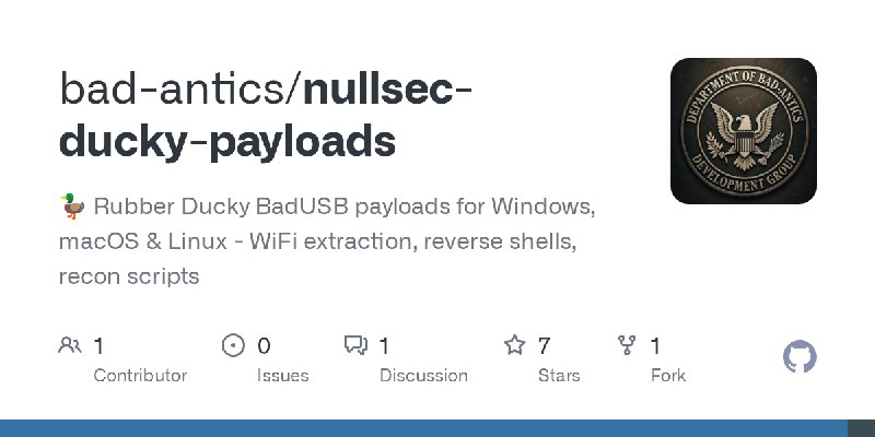 GitHub - bad-antics/nullsec-ducky-payloads: 🦆 Rubber Ducky BadUSB payloads for Windows, macOS & Linux - WiFi extraction, reverse…