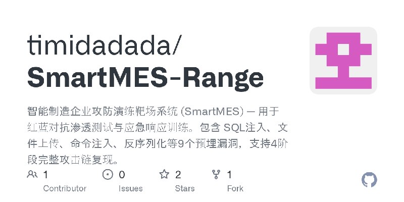 GitHub - timidadada/SmartMES-Range: 智能制造企业攻防演练靶场系统 (SmartMES) — 用于红蓝对抗渗透测试与应急响应训练。包含 SQL注入、文件上传、命令注入、反序列化等9个预埋漏洞，支持4阶段完整攻击链复现。