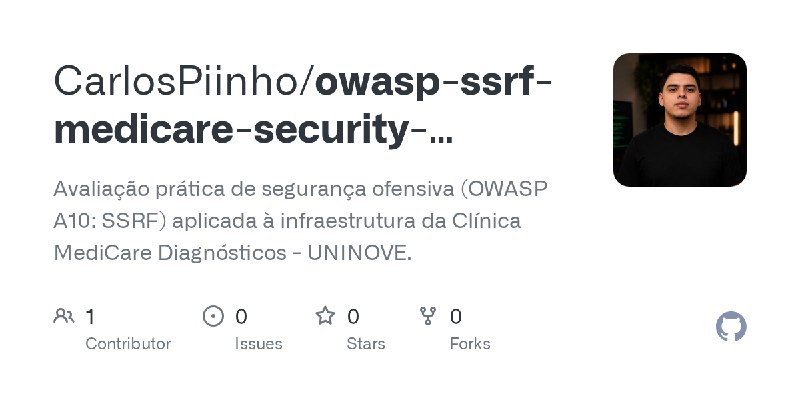 GitHub - CarlosPiinho/owasp-ssrf-medicare-security-assessment: Avaliação prática de segurança ofensiva (OWASP A10: SSRF) aplicada…