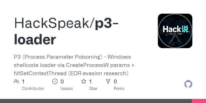 GitHub - HackSpeak/p3-loader: P3 (Process Parameter Poisoning) - Windows shellcode loader via CreateProcessW params + NtSetContextThread…