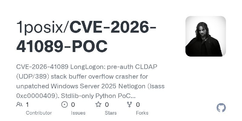 GitHub - 1posix/CVE-2026-41089-POC: CVE-2026-41089 LongLogon: pre-auth CLDAP (UDP/389) stack buffer overflow crasher for unpatched…