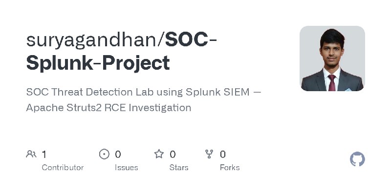 GitHub - suryagandhan/SOC-Splunk-Project: SOC Threat Detection Lab using Splunk SIEM — Apache Struts2 RCE Investigation