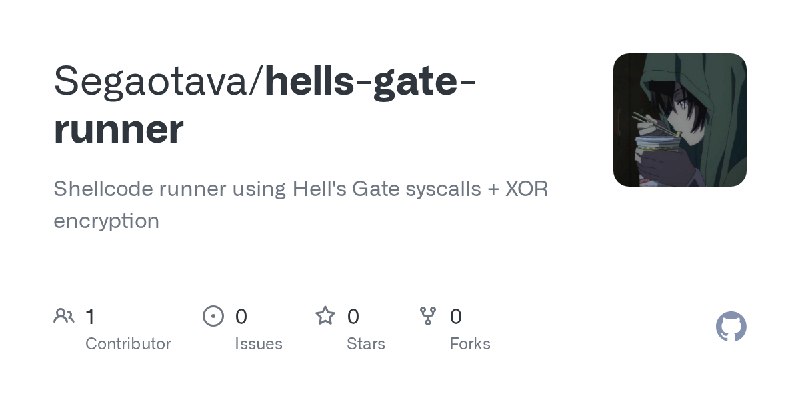 GitHub - Segaotava/hells-gate-runner: Shellcode runner using Hell's Gate syscalls + XOR encryption