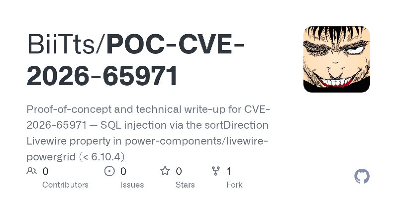 GitHub - BiiTts/POC-CVE-2026-65971: Proof-of-concept and technical write-up for CVE-2026-65971 — SQL injection via the sortDirection…