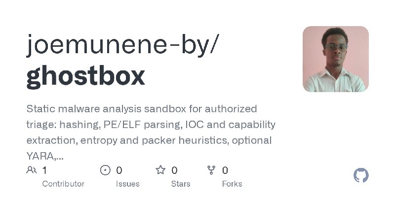 GitHub - joemunene-by/ghostbox: Static malware analysis sandbox for authorized triage: hashing, PE/ELF parsing, IOC and capability…