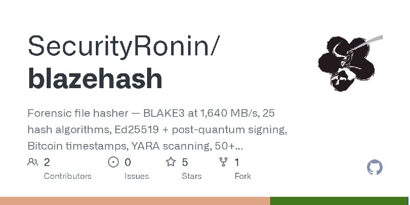 GitHub - SecurityRonin/blazehash: Forensic file hasher — BLAKE3 at 1,640 MB/s, 25 hash algorithms, Ed25519 + post-quantum signing…