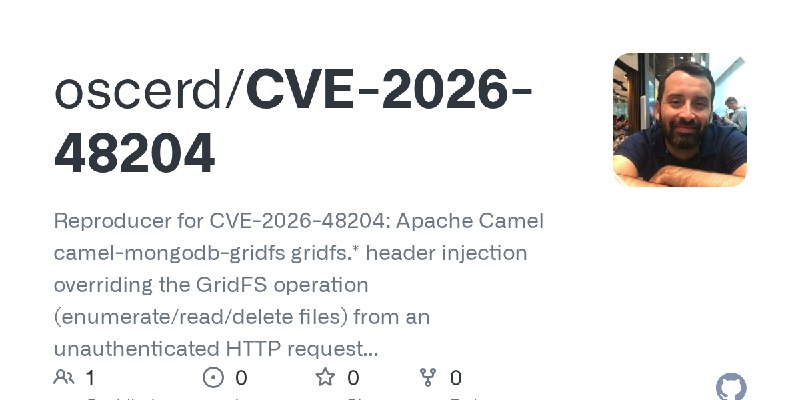 GitHub - oscerd/CVE-2026-48204: Reproducer for CVE-2026-48204: Apache Camel camel-mongodb-gridfs gridfs.* header injection overriding…